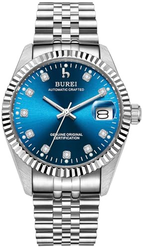 BUREI 38mm Automatik Uhr Herren Luxus Diamant Armbanduhr für Männer Mit Saphirglas Datumskalender (Marineblau und Silber)