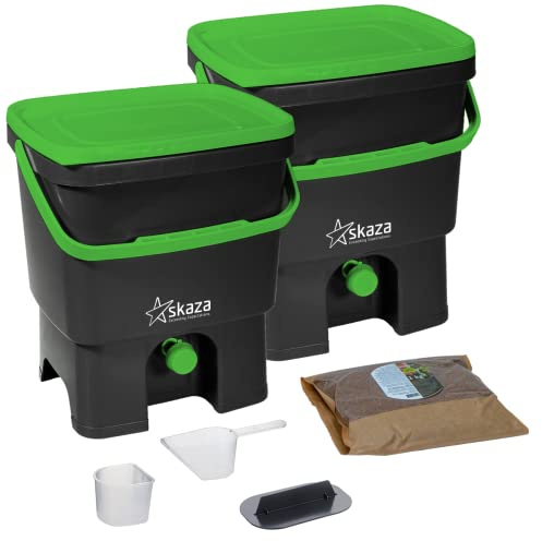 Skaza Bokashi Organko 1 Composteur de Cuisine (2 x 16L) – Bokashi Composteur sans Odeur en Plastique Recyclé – Kit de Démarrage + 1 kg de Ferment – Noir-Vert