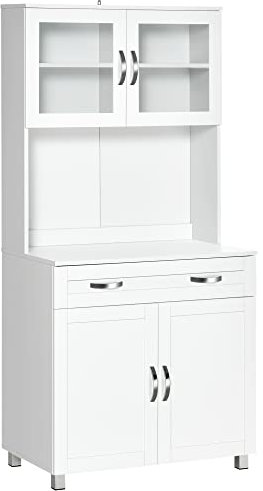 HOMCOM Mueble Aparador Auxiliar de Cocina Alacena Buffet Armario de Comedor con Estantes Interiores Ajustables y Cajón 80x48x170 cm Blanco