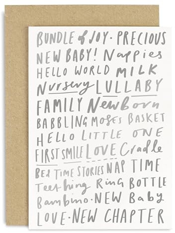 Old English Co. New Baby Words Card - A6 | Newborn Baby Greeting Cards for Boys & Girls | Congratulations for New Mum, Dad & Parents | For Baby Shower, Pregnancy Announcement or Milestone
