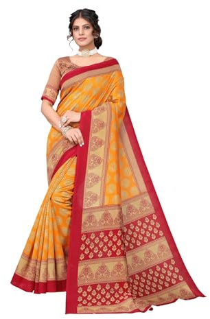 IMTRA FASHION Sari traditionnel indien en soie pour femme avec chemisier non cousu, Moutarde et rouge, L