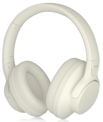 ZIHNIC Active Noise Cancelling Headphones, 60H Playtime Wireless Bluetooth Headset Low Latency-Milky White