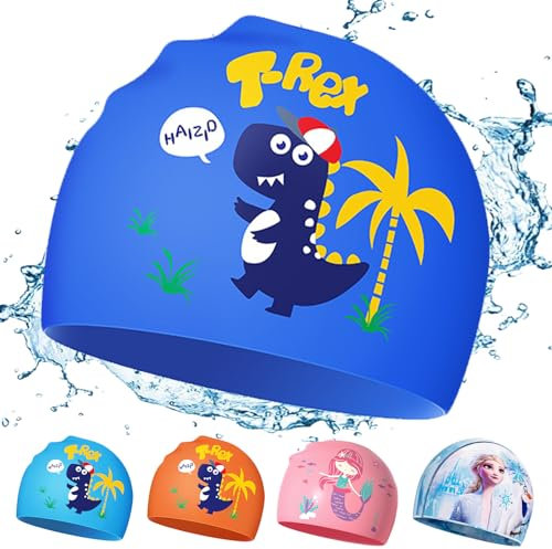 Dinosaurio Gorro de Natación de Niños, Impermeable Antideslizante Gorro Piscina Niña 3 a 12 Años, Gorro Natación Silicona, Gorro de Baño Piscina para Niños Niñas Pelo Largo y Corto