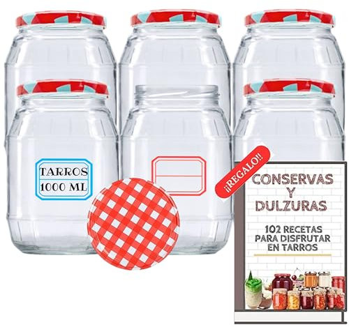 Lot de 6 bocaux en verre de 1 000 ml avec couvercles + ebook avec 102 recettes pour conserves - Bocaux de 1 litre avec couvercle à vis, fermeture hermétique pour aliments faits maison, étiquettes