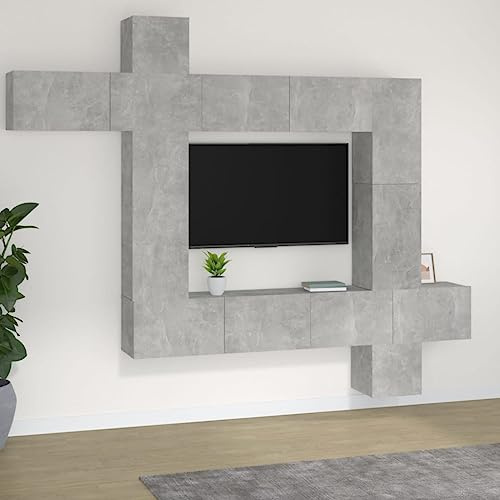 CKioict Meuble TV suspendu DVD Meuble de salon 9 pièces Ensemble meuble TV en bois gris béton Convient pour le bureau, l'hôtel, le salon