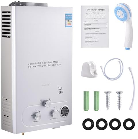 GPL 16L Scaldabagno a Gas Propano, Scaldabagno Istantaneo Senza Serbatoio da 32KW con Kit Doccia, Bruciatore per Caldaia per Campeggio, Camper, Casa(Argento)