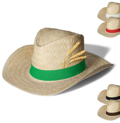 Strohhut 'Texas' Unisex - Vielseitiger Sonnenhut für Damen und Herren - stylischer Cowboyhut mit Klettverschlussband als Hingucker - Perfekt für Garten, Strand und Urlaub, Farbe:natur/grün