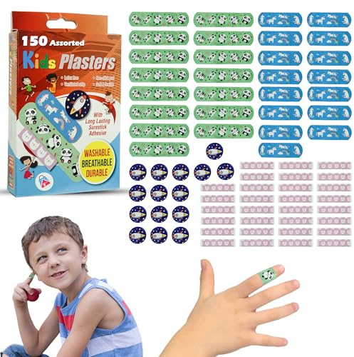 Kids Plasters 150pk, Children Assorted Sized Plasters, Unicorn Animal Plasters, Waterproof Plasters, Kids Travel Essentials with Non-Stick Pads, Various Design