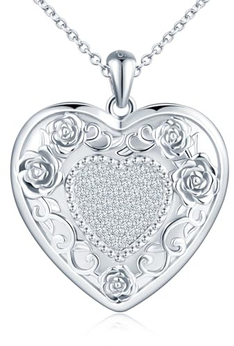 MICMIF Plata de ley 925 Collar Fotos Medallón de Corazón Circonita con Flor de Rosa, Colgante Foto Personalizada con Cadena 45+5cm, Joyería Memorial Fotografía Relicario para Mujer Niña