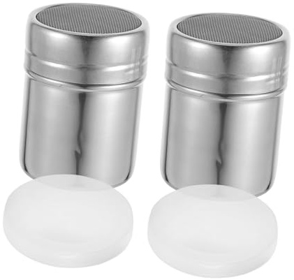 NAMOARLY Stainless Steel Powdered Sugar Shaker and Coffee Sugar Dispenser with Fine Mesh Sifter and Lid, Medium Size Canister for Baking, Cooking, and Kitchen Dusting – 2pcs Set
