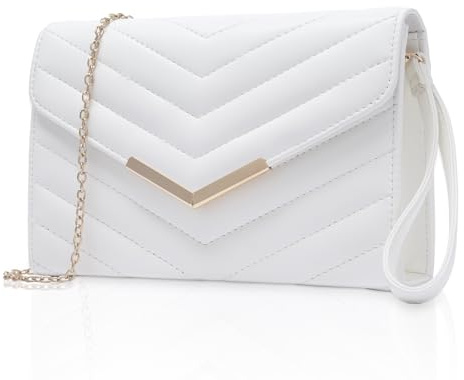 Larcenciel Clutch Weiß, Veganes Leder Handtaschen mit Handgelenkst & Kette, Elegant Gesteppte Umschlag Abendtasche, Mode Umhängetasche Crossbody Tasche für Hochzeit Party Prom Date Bankett, 23x16x6CM
