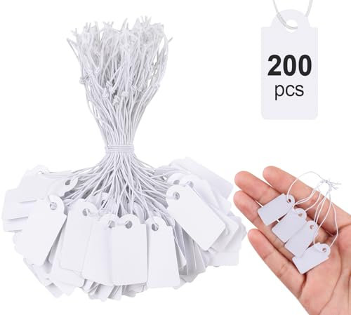 Caianwin 200 Stück Mini Preisschilder Anhänger mit Elastische Kordel, 26 x 13mm Etiketten Anhänger, Weiß Kleinen Hängeetiketten für Schmuck Display