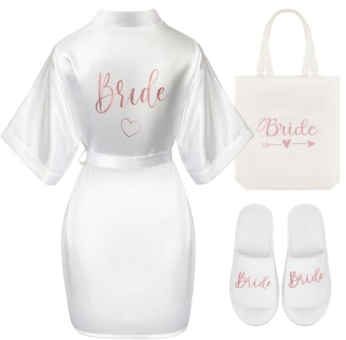 Hestya 3 Pièces Set Cadeau de Mariage pour Mariée Brautjungfer Trauzeugin Cadeaux de Fête Nuptiale Peignoir en Satin Blanc Sac Pantoufles pour Mariage Fiançailles Spa EVJF(Taille Unique,Bride)