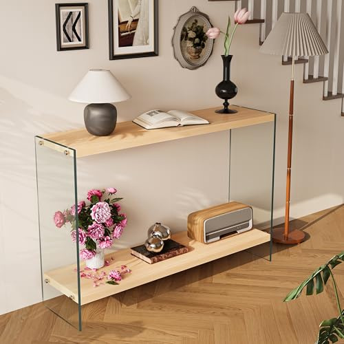 Artloge Mesa de Consola de Entrada, 120x30x76cm Mesa Auxiliar Rectangular para Sofá con Tablero de MDF, Patas de Cristal, Aparador de Exposición para Salón Pasillo Recibidor, Madera y Transparente
