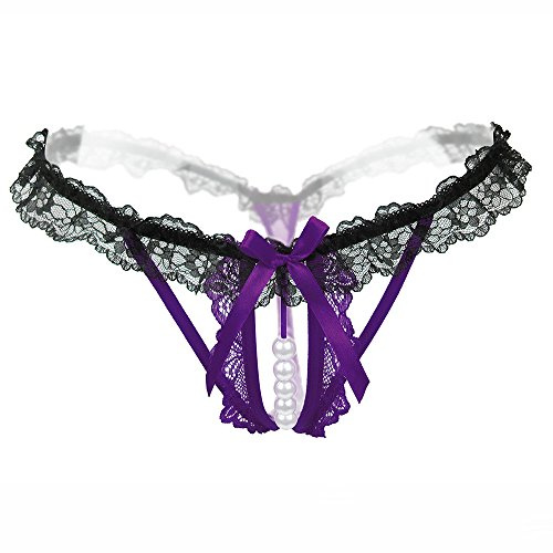 String Perles pour Femme Culotte Ouvert en Dentelle String Sexy Slips Lingerie Confortable pour Saint-Valentin Fête Slips Taille Stretch Transparent avec Nœud Bikini Respirants (Purple, One Size)