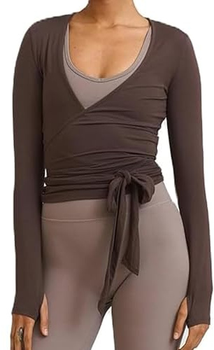 Springcmy Women Yoga Ballet Pilates Wrap Top Sexy Deep V Neck Tie Front Lace Trim Long Sleeve Tops Slim Fit Workout Blouse Top