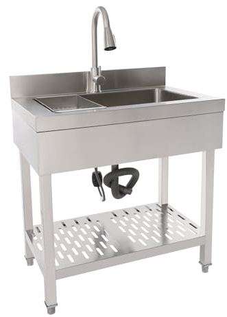 Lavando in acciaio inossidabile a libera installazione, lavello singolo lavello da cucina rettangolare con piedistallo, lavello mobile per cucina, garage, esterno (70x50x90cm)