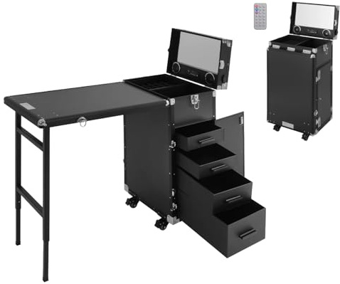 Mqwdxzfes Table de manucure à roulettes avec haut-parleur Bluetooth et miroir, chariot de maquillage mobile pliable avec roulettes de blocage, station de maquillage pour cosmétiques professionnels et