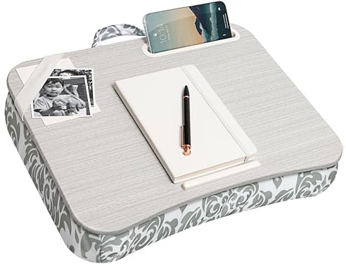 LAPGEAR Designer Lap Desk with Phone Holder and Device Ledge - Gray Damask - Fits up to 15.6 Inch Laptops - Style No. 45424