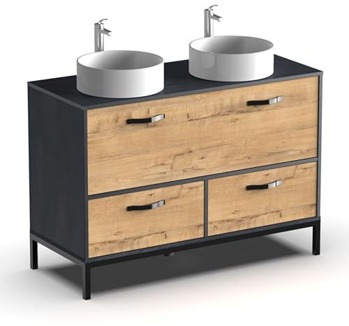 Muebles Pitarch | Mobile da bagno doppio, larghezza 120cm, industriale, Nero e Rovere Gold, con struttura a piedi, 2 cassetti e 1 porta, per lavabi da appoggio, modello Sena
