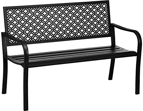 Outsunny Banco de Jardín de Acero Banco Exterior de 2 Plazas con Respaldo Decorativo Estampado para Terraza Balcón Patio Carga 240 kg 127x63x83 cm Negro