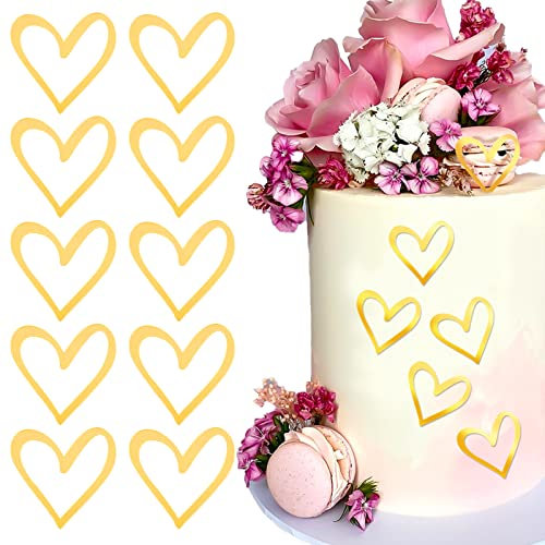 10pcs Cœur Décoration de Gâteau Topper Or en Miroir Acrylique Décoration Joyeux Anniversaire Heart Cupcake Toppers pour Mariage Anniversaire Fête Célébration