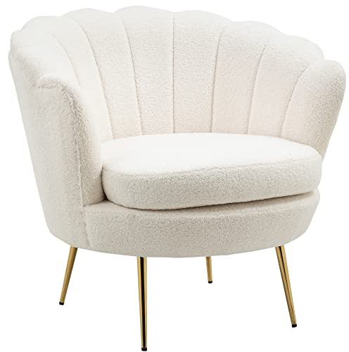 HOMCOM Fauteuil Coquillage Fauteuil Design dim. 79L x 77l x 77H cm Pieds dorés effilés Molleton Polaire Blanc
