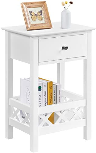 Yaheetech 1pcs Mesita de Noche Vintage con Cajón y Cesta 40×30×60cm Mesilla de Noche para Cama Dormitorio Mesita Auxiliar de Madera DM Blanco Mate