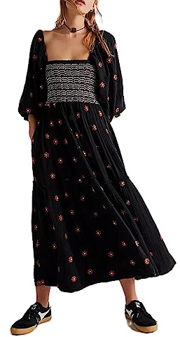 Barbotimer Women's Flower Embroidered Maxi Dress Lantern Sleeve Square Neck Tiered Flowy Spring Fall Dress (as8, Alpha, m, Regular, Regular, Black)
