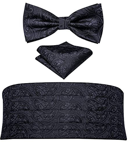 RWRAPS Kummerbund aus Seide für Herren, Schwarze Fliege, florales Fliege-Kette, quadratische Manschettenknöpfe, Set für Smoking-Anzug (Farbe: A, Größe: Einheitsgröße) (A Einheitsgröße)