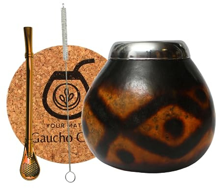 Gaucho Cebar Set di calabassi naturali per tè Yerba Mate | Tazza di zucca e cannuccia in acciaio inox Bombilla Straw Accessories – sughero e pennello, marrone