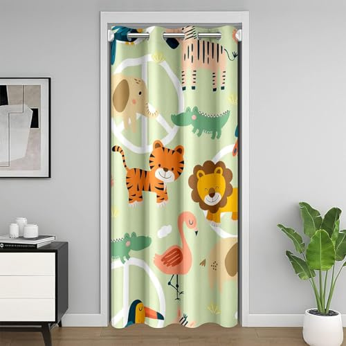 Homewish Rideau de Porte Animaux Jungle 86x203 cm - Occultant pour Enfants avec Tigre, Elephant, Lion, Crocodile, Girafe, Flamant - Traitement de Fenêtre