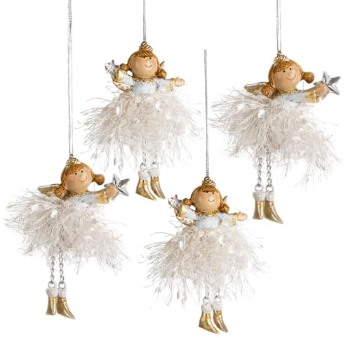 Logbuch-Verlag Lot de 4 pendentifs ange gardien de 11 cm - Ange doré, blanc et argenté avec cordon - Décoration de Noël à suspendre