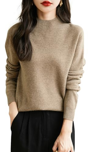 Chanyarn 100% Lana Merina Mujer Jersey de Cuello Simulado Manga Larga Suéter Primavera Otoño Sin Costura Jersey de Punto (Tan,M)