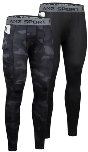 AMZSPORT Confezione da 2 Pantaloni a Compressione Uomo, Lunghi e Traspiranti, Leggings Sportivi per Corsa, Allenamento, Fitness, Ciclismo, Basket e Palestra Mimetico Nero Nero M