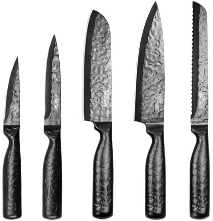 High Carbon Stainless Steel 5-Piece Knife Set - Chef, Bread, Santoku, Utility & Paring Knives for Cutting, Slicing & Chopping, Black