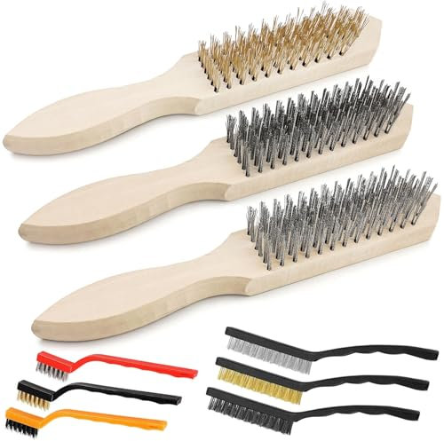 SDwfxd 9 cepillos de alambre de acero inoxidable con mango de madera, cepillo de acero inoxidable con mango curvado, para la limpieza de escorias de soldadura, suciedad y óxido