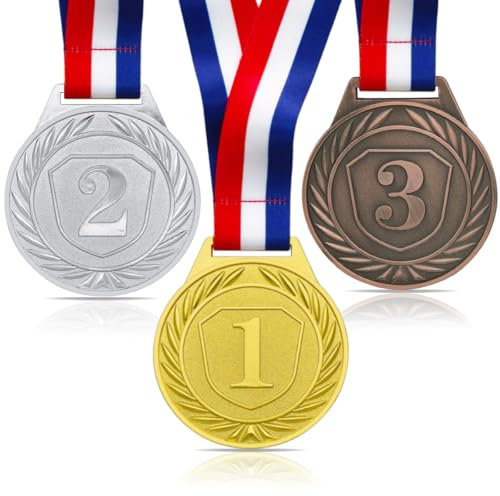 Donrime 3 Stück Medaillen für Kinder, 6.5CM Gold Silber Bronze Metallmedaille olympische Dekoration, Sporttag, Medaillen mit Band, Halskette für Sporttagspreise, Turnwettbewerbe, Partygeschenke