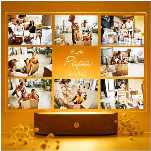 Geschenkfreude personaliserte Acrylglas Bild mit Fotos - Geschenkideen zum Vatertag - Vater Kind Geschenk - Papa Bilderrahmen mit LED Beleuchtet - Vatertagsgeschenke - Bester Papa der Welt Collage