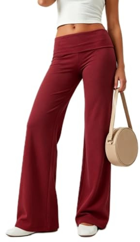 NZNDSHD Pantaloni da yoga pieghevoli per le donne a vita bassa gamba dritta pantaloni della tuta Y2k tinta unita elasticizzati allentati palestra lounge leggings, Rosso, M