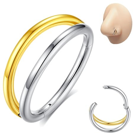 Popuhoops Anello da naso a doppio cerchio bicolore in acciaio chirurgico 316L, orecchino per cartilagine, setto nasale, anello a scatto incernierato, a conchiglia, Daith, trago, elice, rook, gioielli
