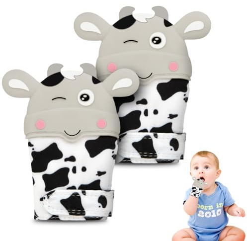 HOTUT Baby Beißhandschuhe, 2 Stück Beißringe Baby Spielzeug, BPA-frei, Tiermotive, Sensorische Fäustling Beißspielzeug Zahnungshilfe, Zahnen & Greifling für 0-6 Monate Babys (Grau-Kalb)