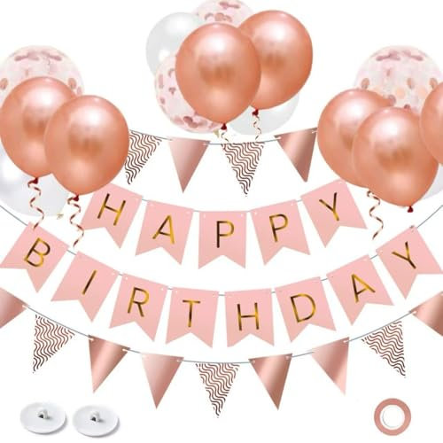 OHugs Happy Birthday Banner - Rose Gold Birthday Decorations for Women and Girls with 12 Inch Rose Gold, White, and Confetti Balloons - Happy Birthday Party Bunting Banner with Wall Hooks