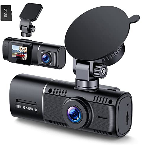 Volam 1080P Dash Cam Auto con Scheda 64GB Inserita, Doppia Dashcam per Auto, 170° Grandangolo, Controllo delle App, Visione Notturna, G-Sensor, Modalità Parcheggio, Registrazione in Loop