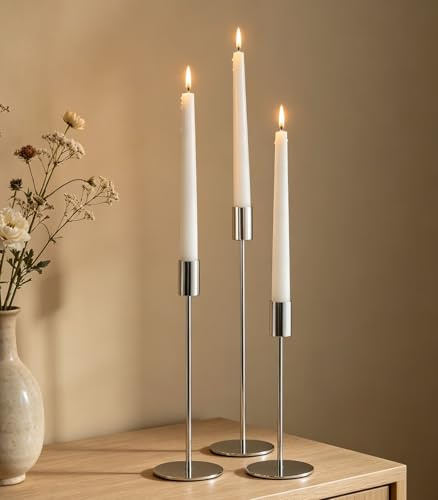 Filltown Juego de 3 portavelas plateados, candelabros de 32/27/22 cm, portavelas alto para decoraciones de velas de pilar de 3/4 pulgadas, manteles, bodas, cenas, centros de mesa