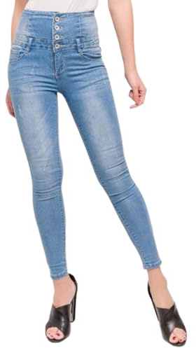Glook Mujer Pantalón Vaquero Cintura Alta, Skinny Fit 4 Botones Jeans Elásticos Ajustados (S, Azul descolorida)