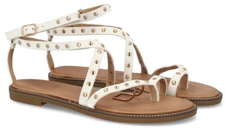 Sandalia plana de mujer con diseño romano y detalles metalicos decorativos, tachuelas. Cierre de hebilla en el tobillo. Suela ligera, acolchada y flexible. Ideal temporada verano. Blanco Talla 37