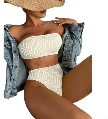 Sawhamale Conjunto de bikini bandeau a rayas para mujer, de cintura alta, traje de baño de dos piezas, traje de baño push up, ropa de playa