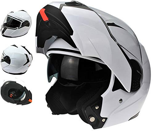 Flip Up Motorcycle Helmet - 3GO E335 Motorbike Adventure Riding ECE ACU Gold Approved Touring Flip Front Helmets with Dual Visor Vented Noise Reducing Lining - White - L