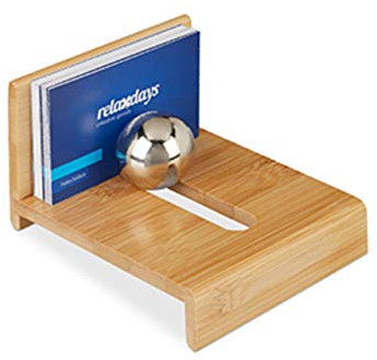 Relaxdays Visitenkartenhalter mit Kugel, 1 Fach, Bürozubehör, Visitenkartenständer Bambus, stehend, Schreibtisch, natur, 7 x 10 x 12 cm